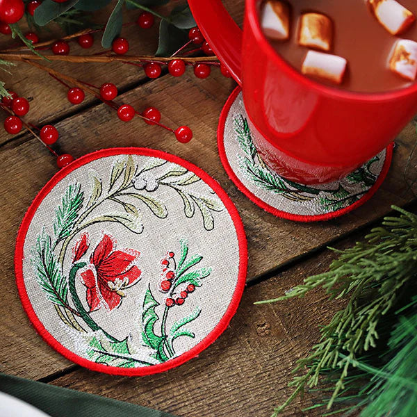 Set de 2 Portavasos Redondos, de Lino, Acolchados-Very Merry Christmas